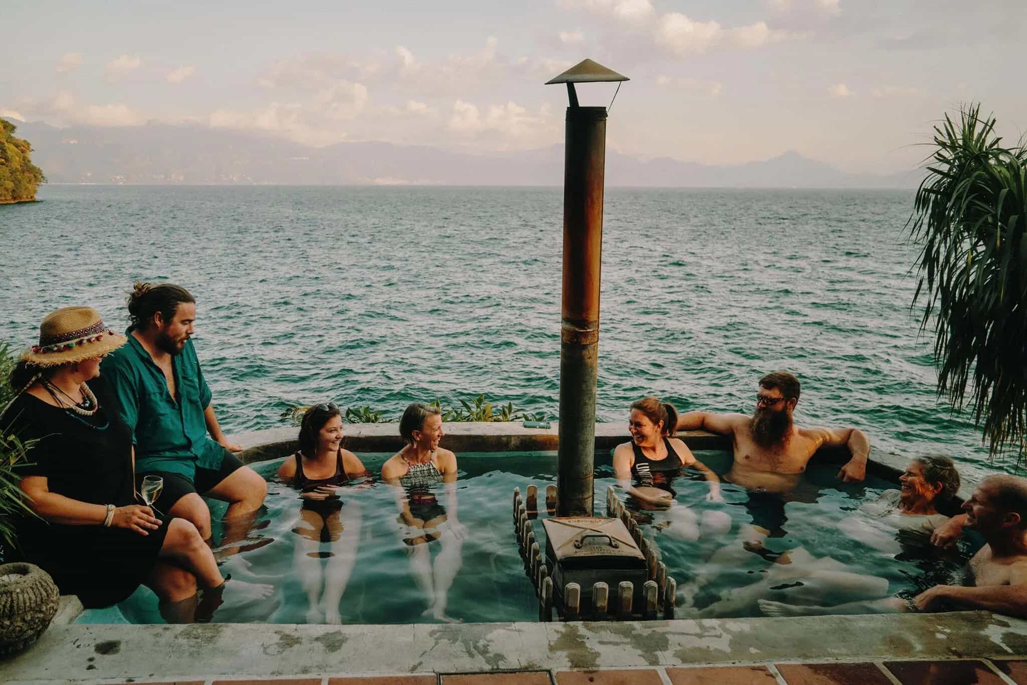 Relaxing in a hot tub on Lake Atitlan in Guatemala