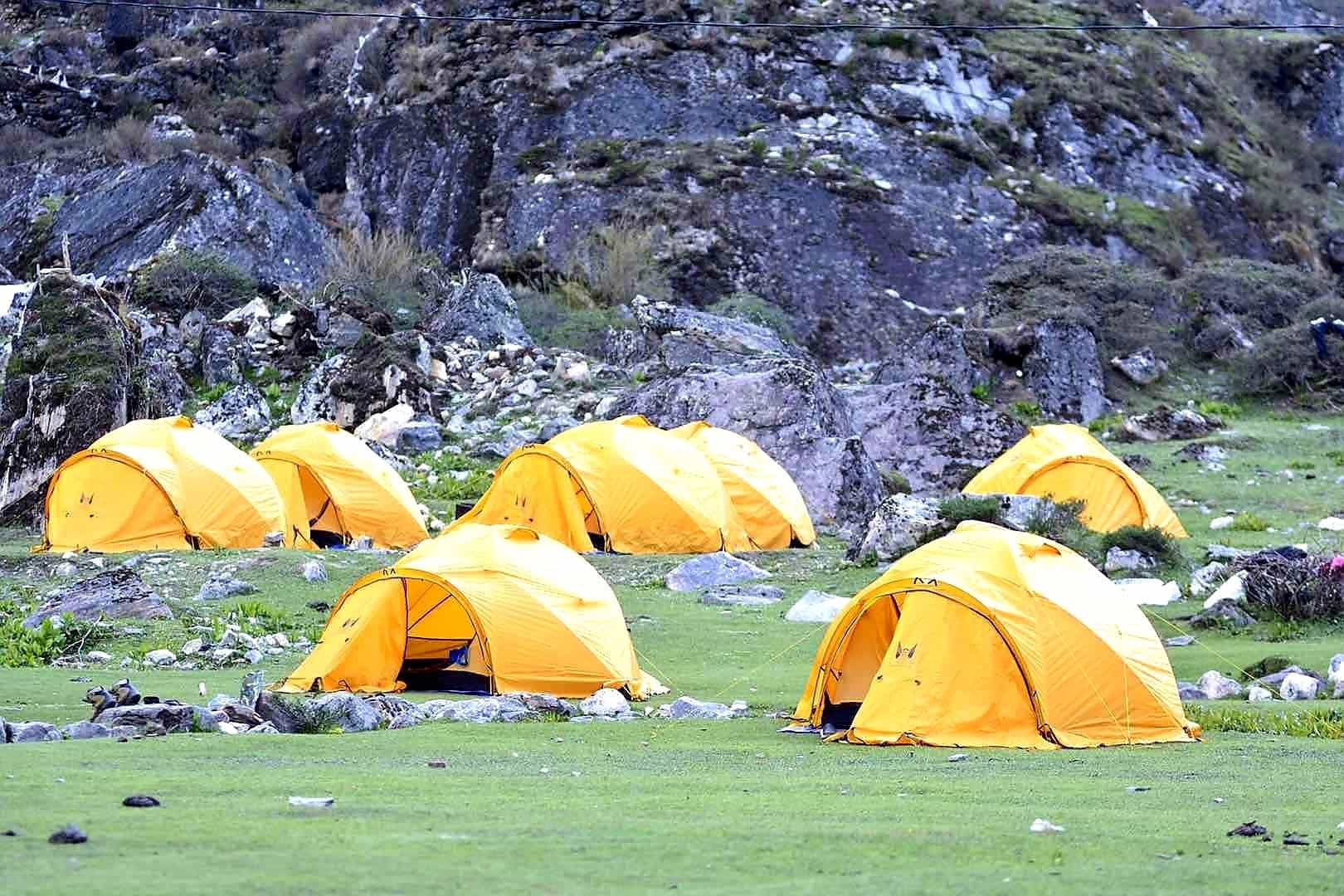 Tents setup on a meadow along the Druk Path trekking trail in Bhutan