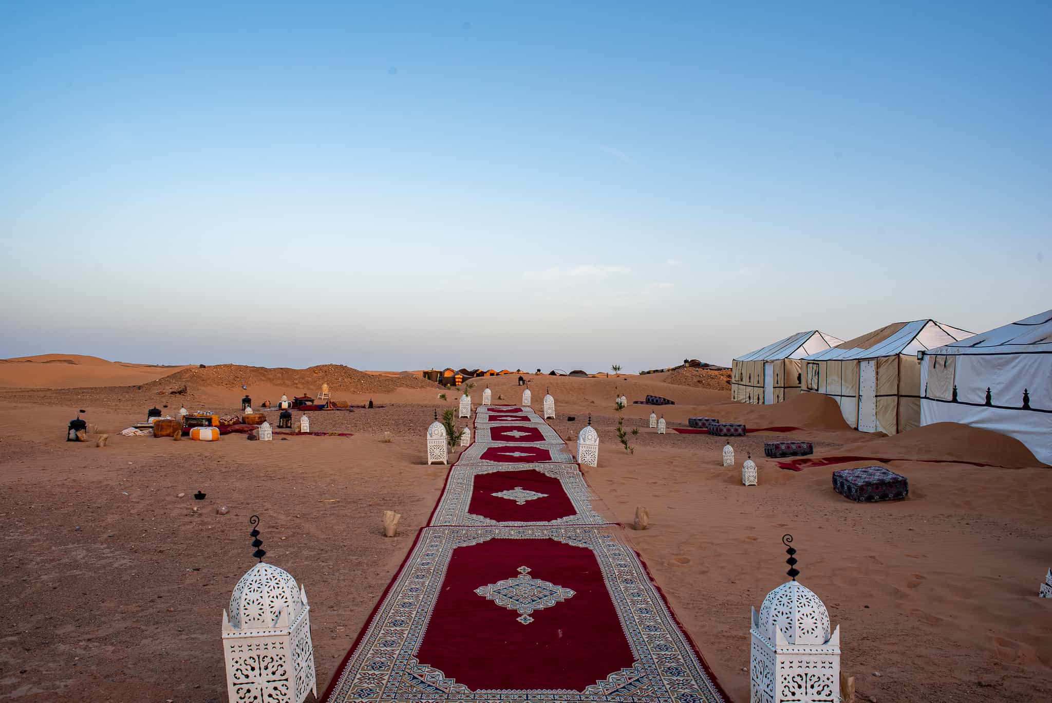 A luxury Berber Camp nestled in the dunes of the Sahara Desert, Morocco.