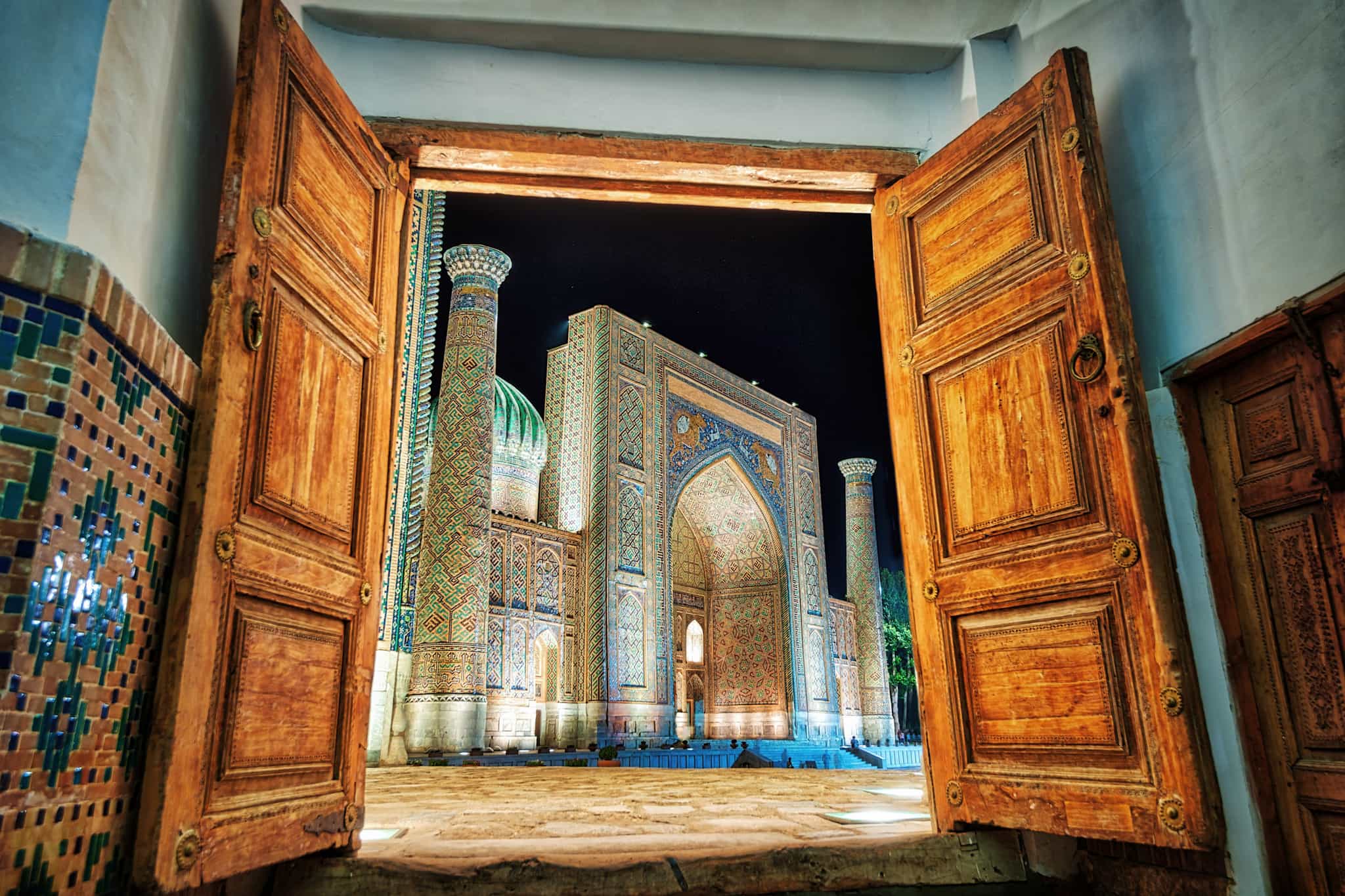 Registan square viewed from inside an old door