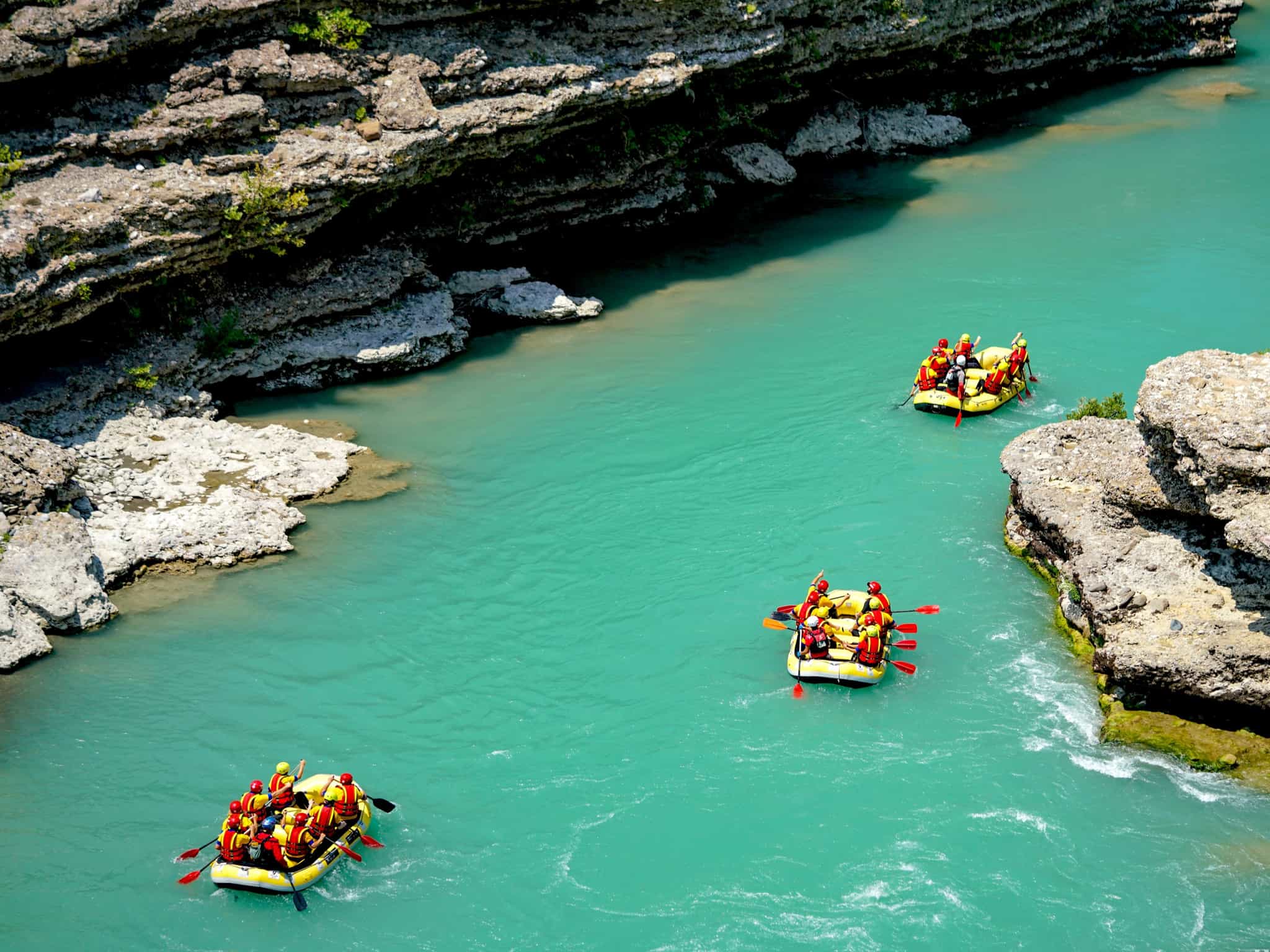 Aerial view of rafts on the Vjosa River, Albania.