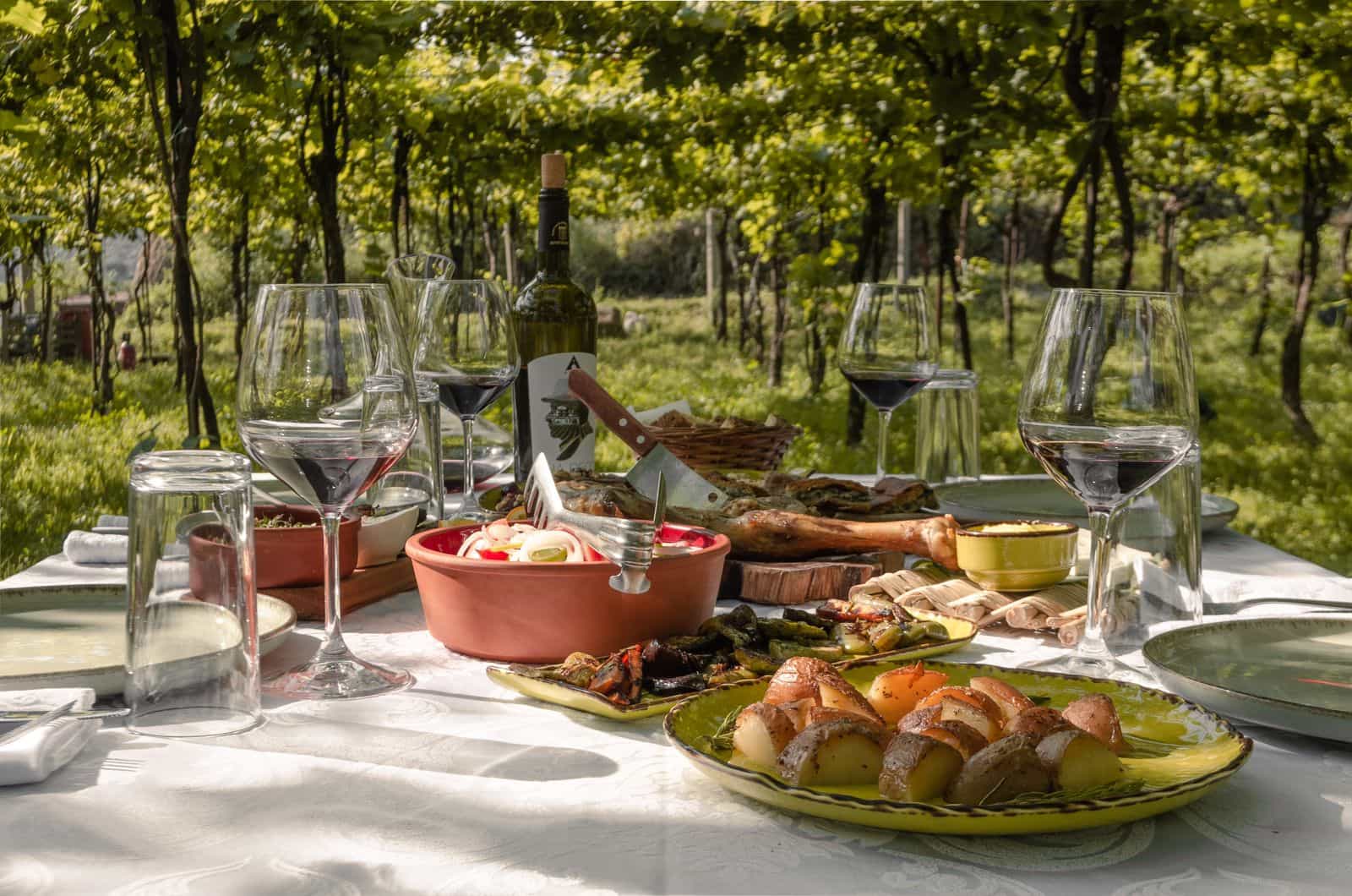 Food and wine at Alpeta winery, Albania.