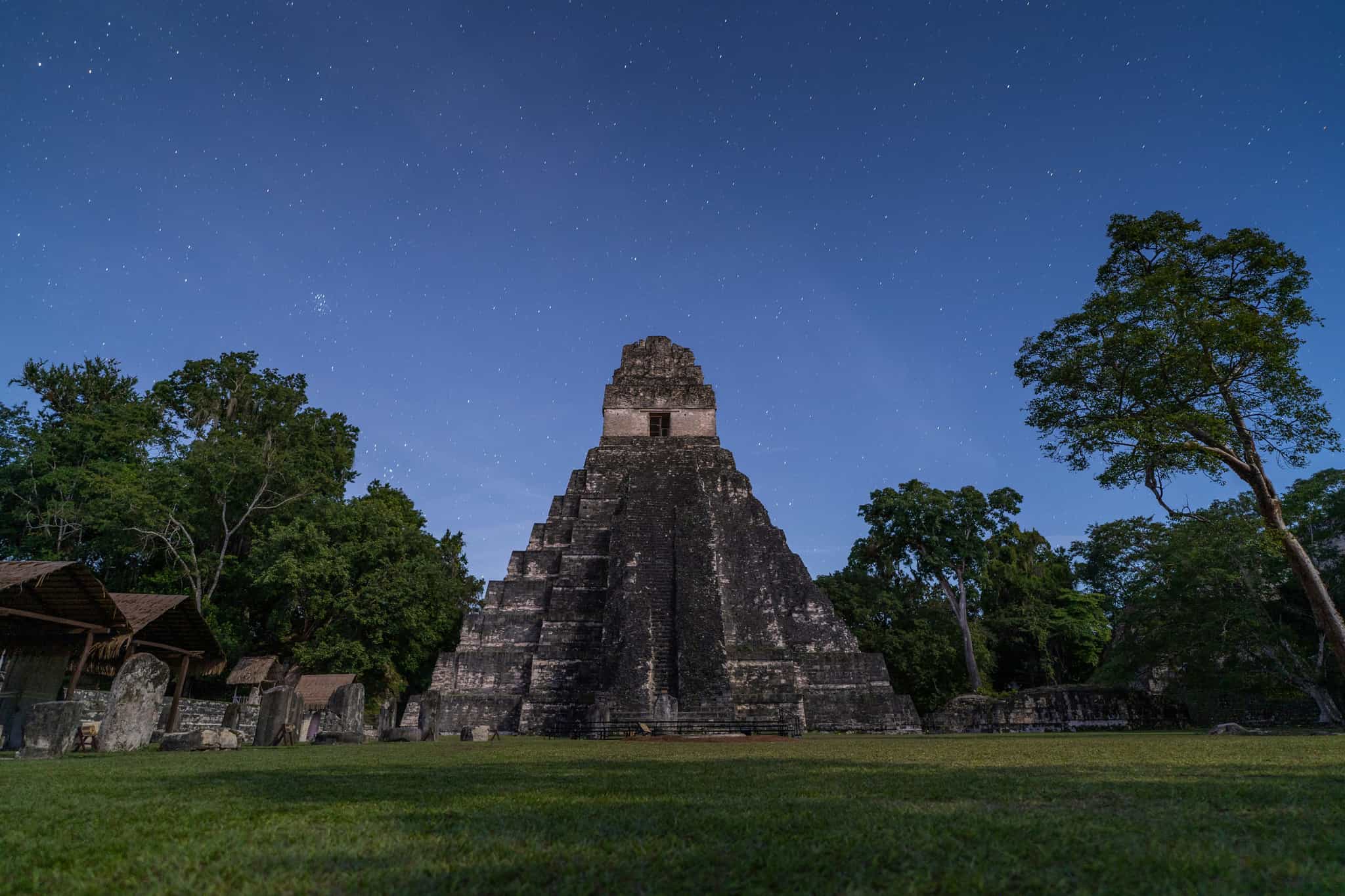 Mayan ruins at night time in Tikal National Park, Guatemala.
