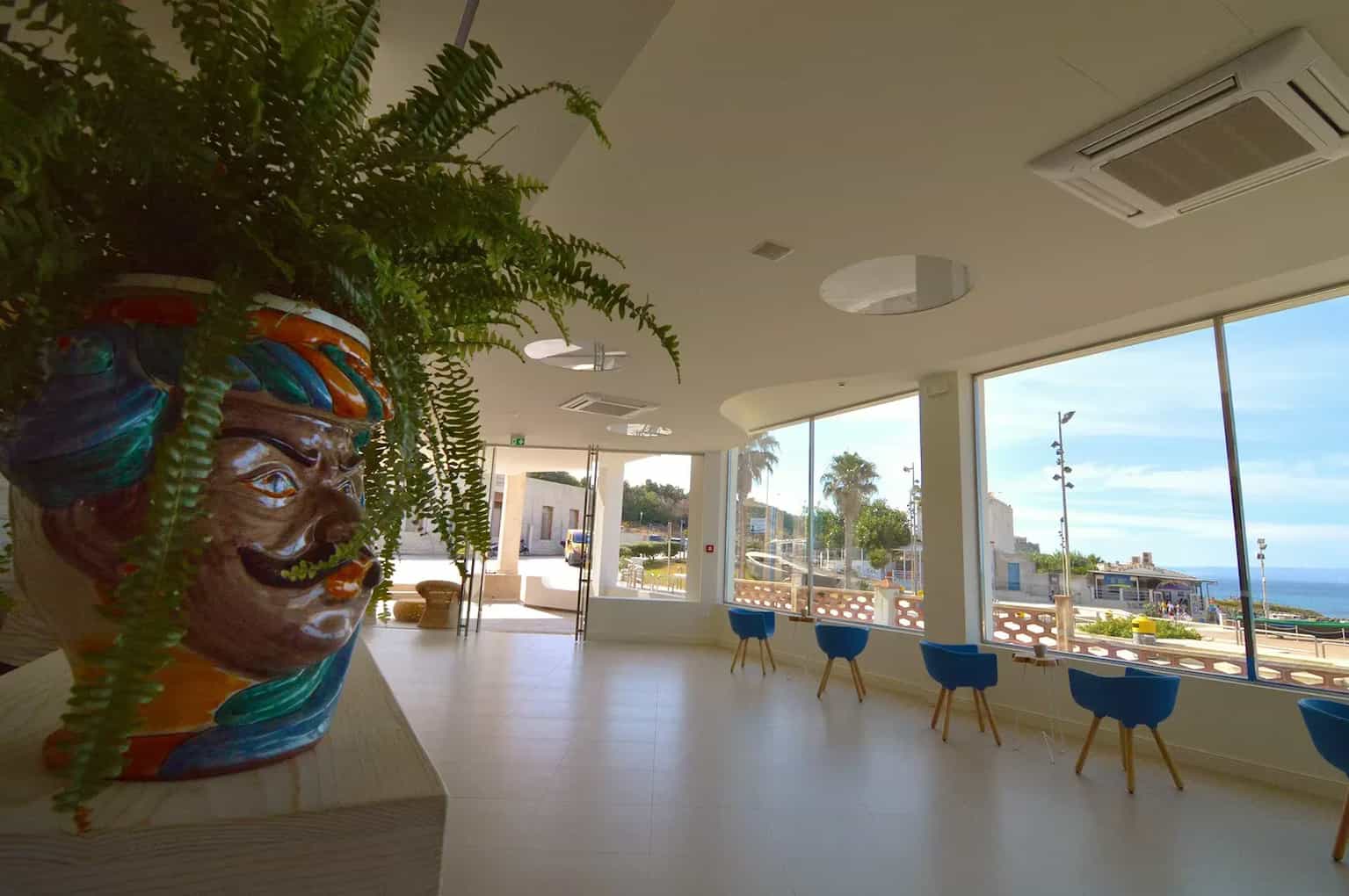 Lobby & beach view from Hotel Vittorio, Portopalo di Capo Passero, Siciliy