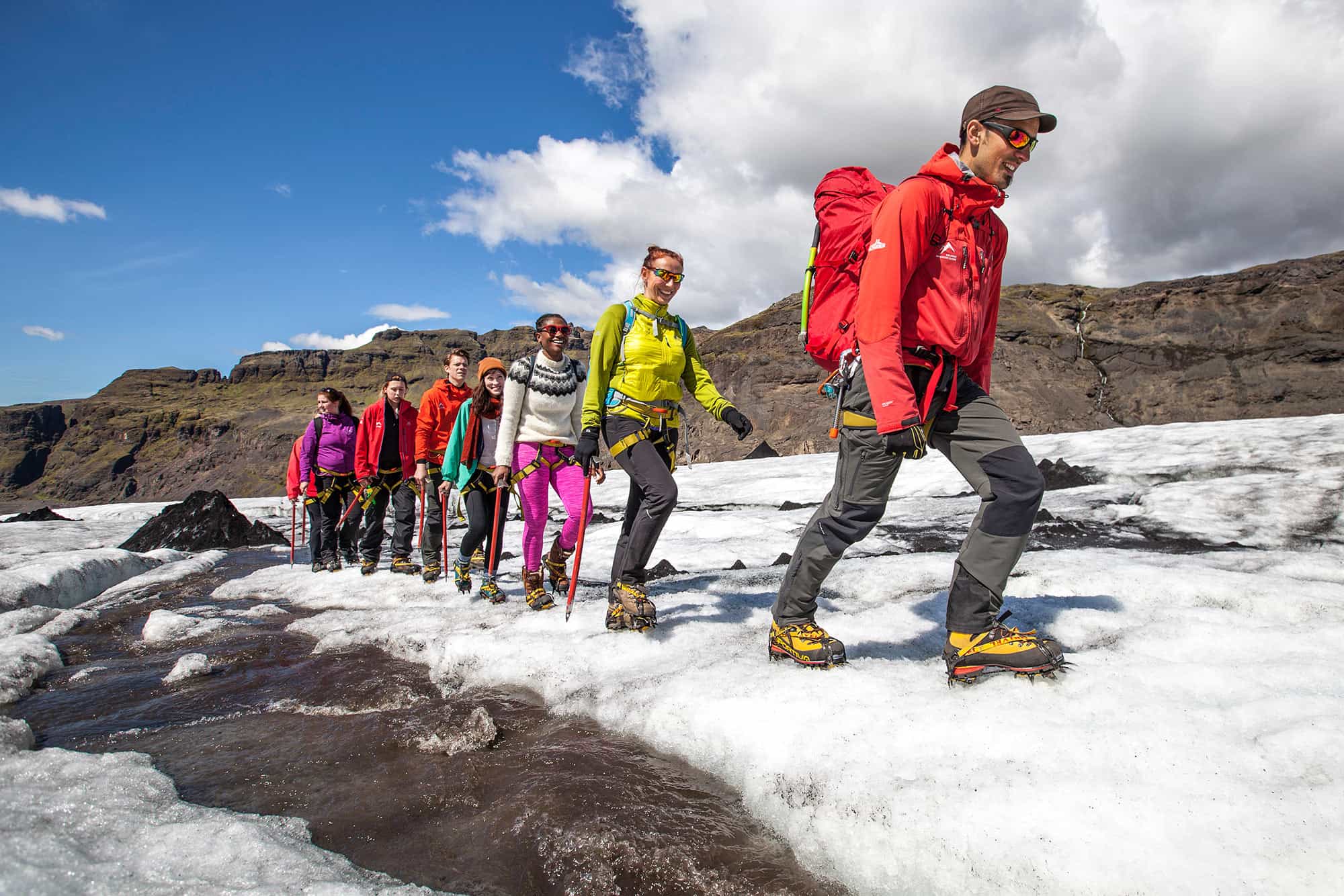 Hikers on a glacier in Iceland.