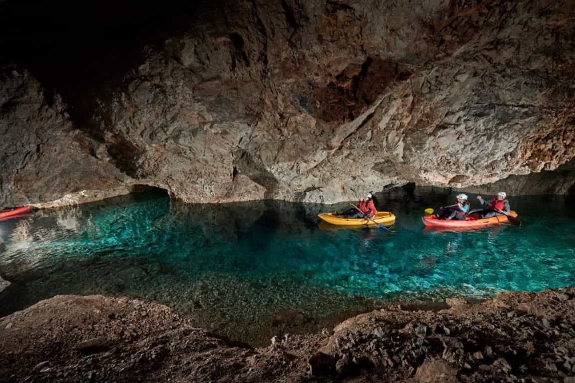 Underground cave kayaking in Slovenia.