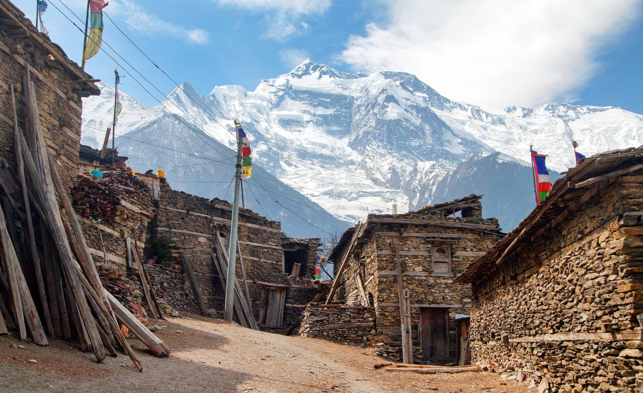 Upper Pisang village and Annapurna 2, Nepal.