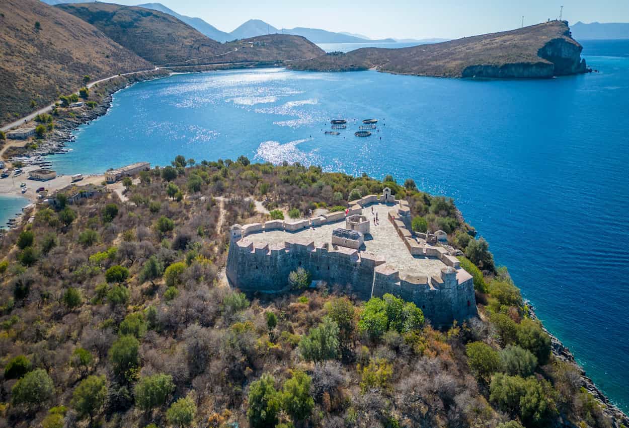 Aerial view of Porto Palermo Castle on Albanian shore.