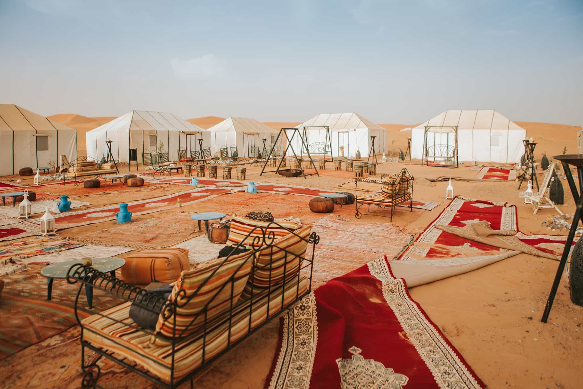 A luxury Berber Camp hidden in the dunes of the Sahara Desert, Morocco.