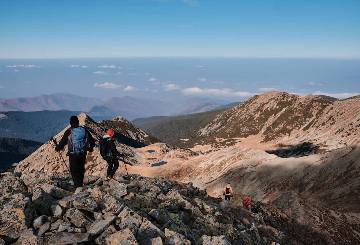 Hikers in the Retezat Mountains, Romania.