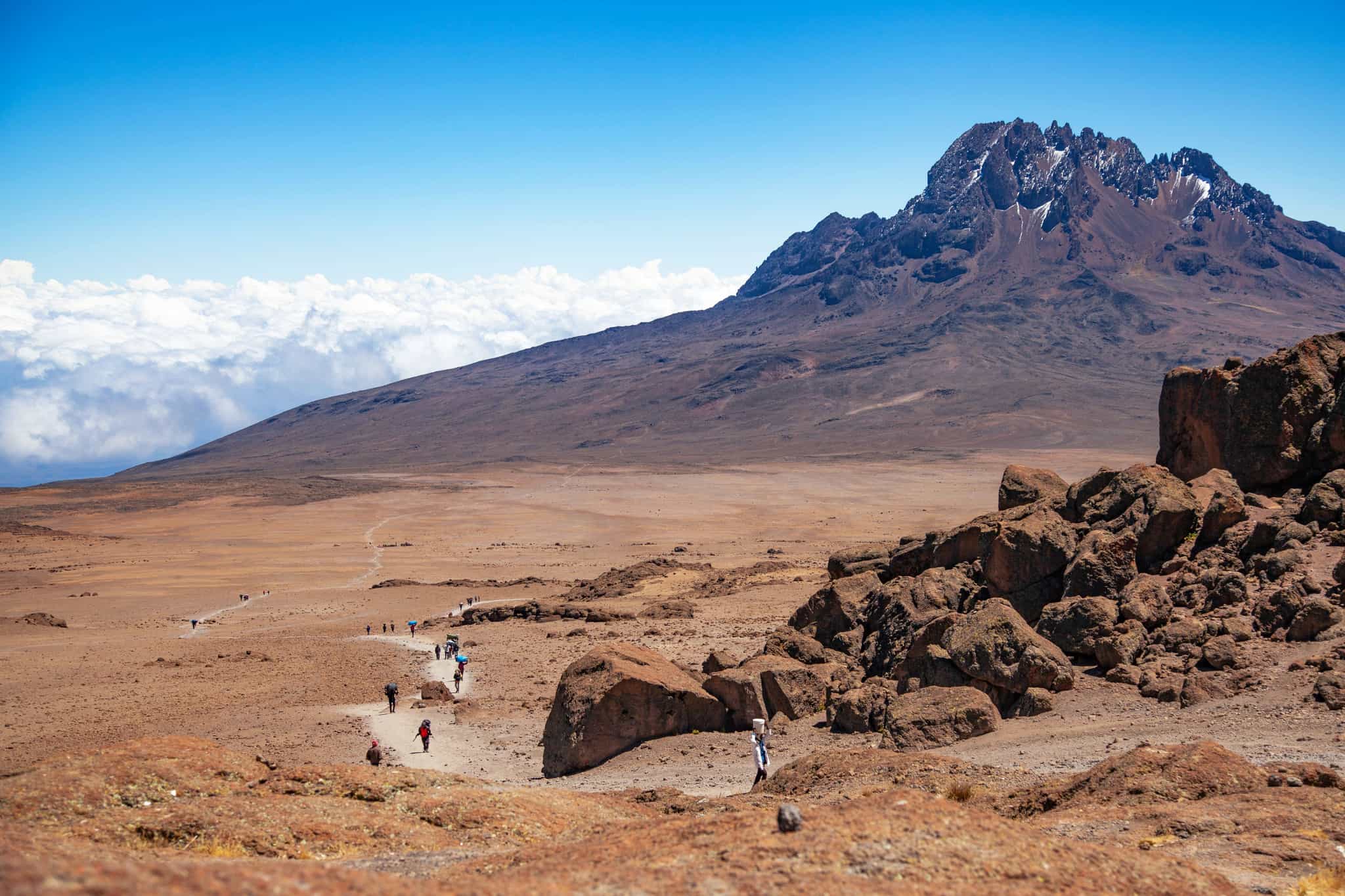 View of hikers approaching Mawenzi Peak along the Rongai Route, Mount Kilimanjaro, Tanzania.
