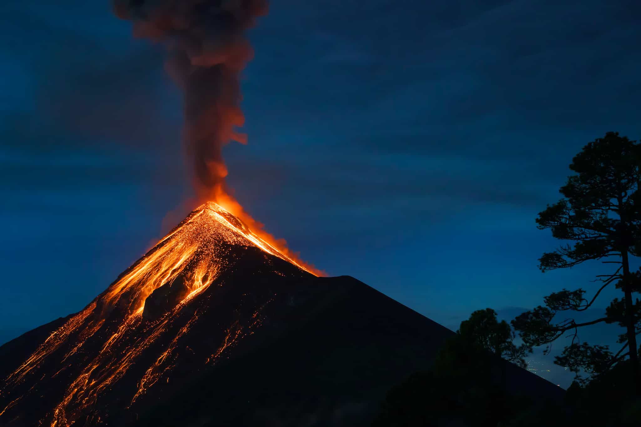 View of Fuego volcano eruption from Acatenango basecamp, Guatemala.