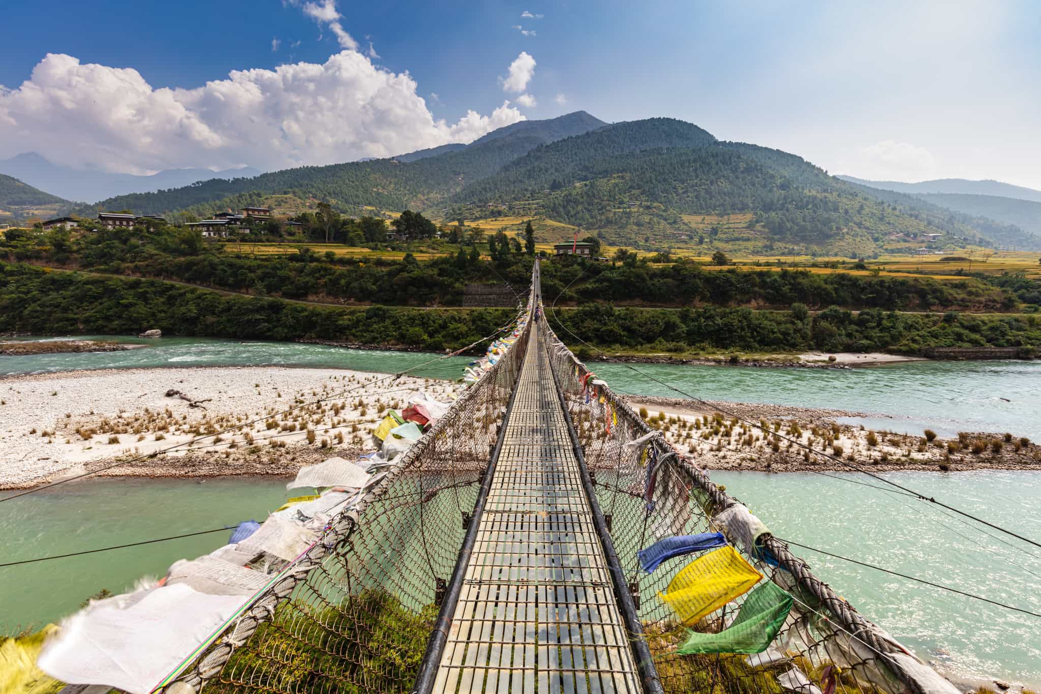 Bridge over the Pho Chhu river near Punakha, Bhutan.