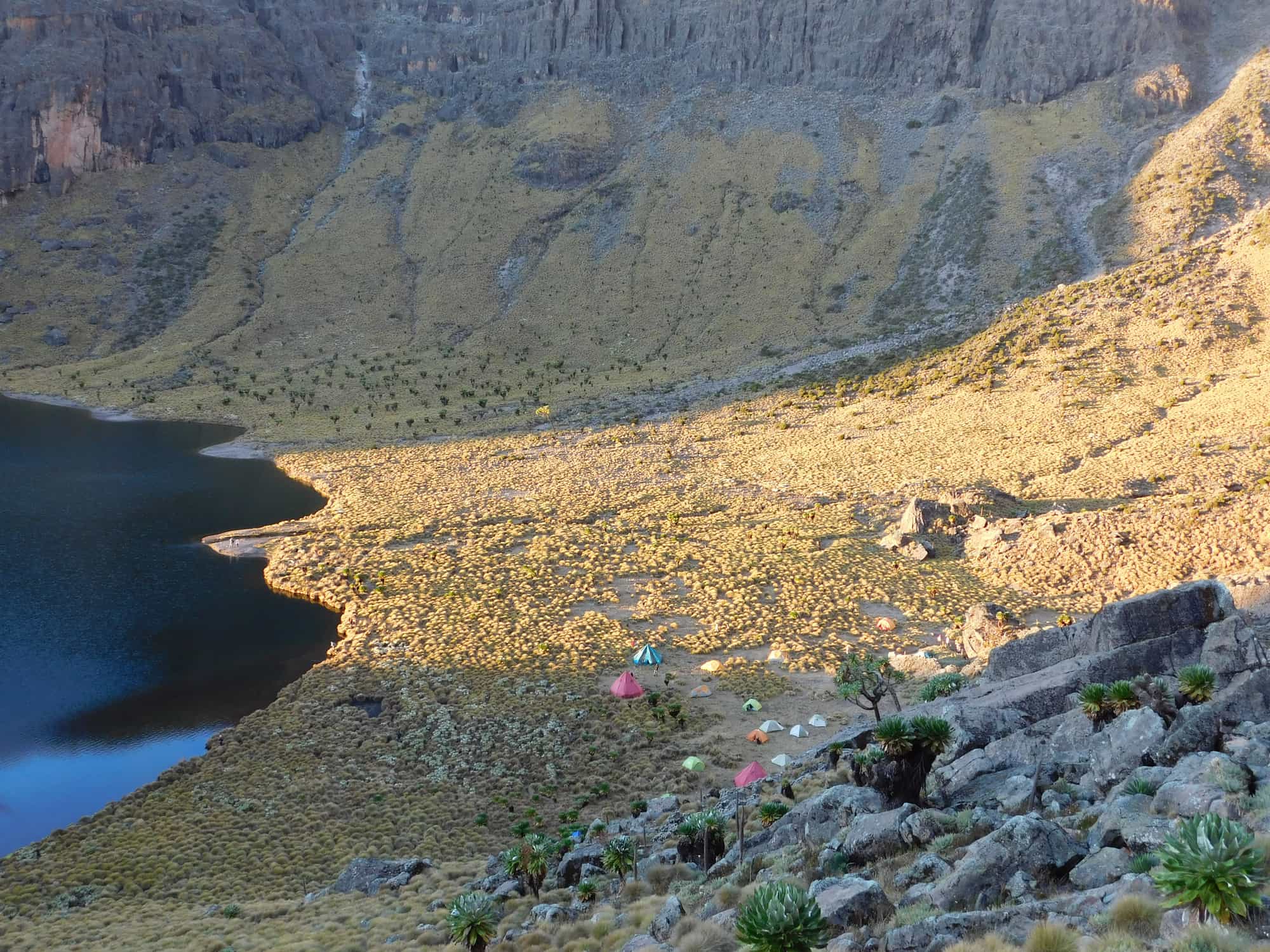 Camping at Lake Michaelson, Mount Kenya National Park.