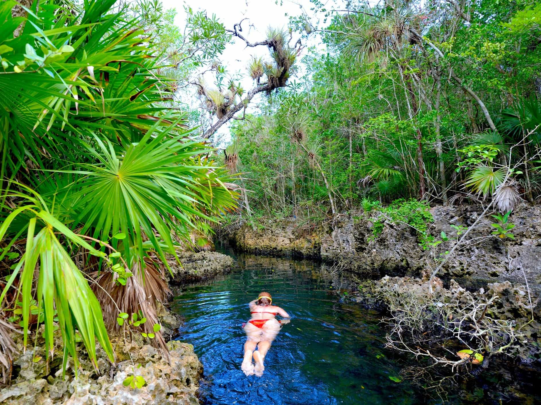 Woman snorkeling at Cueva de los Peces cenote in Cuba,