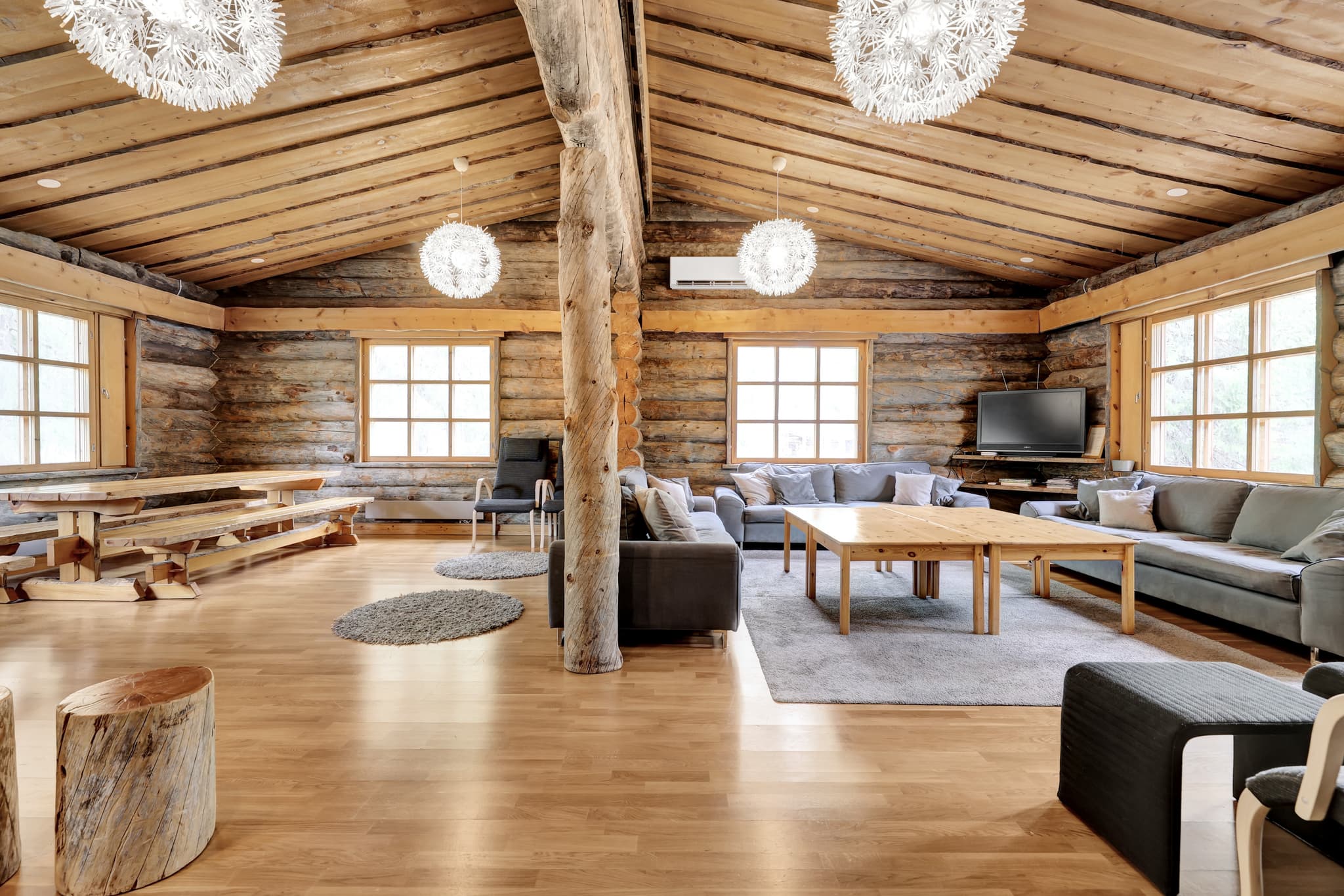 Wooden interior of a Finnish cabin in Lapland.