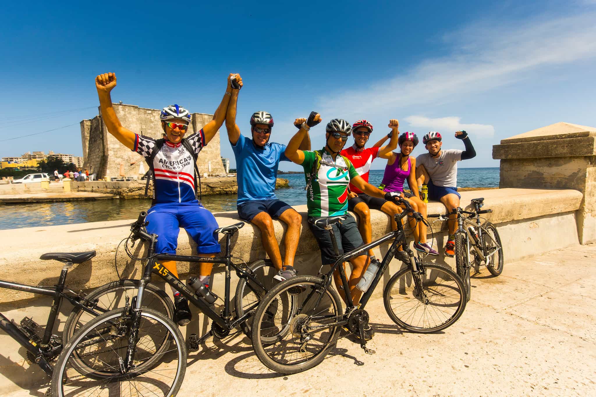 Cyclists celebrating the end of the ride in Havana, Cuba
