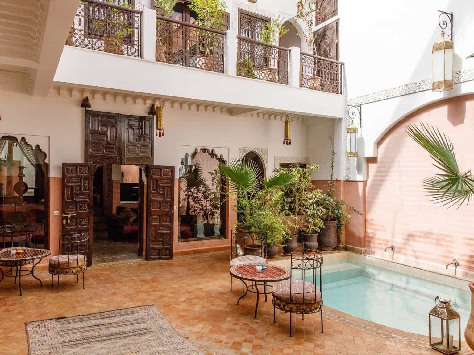 The inside of a beautiful riad in Marrakesh, Morocco.