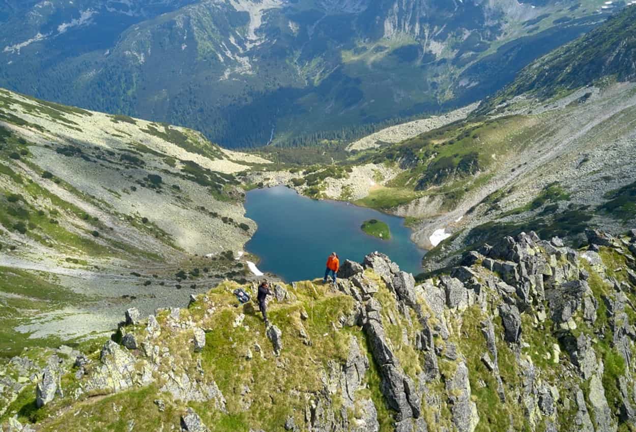 Aerial view of glacial lake in the Retezat Mountains, Romania.